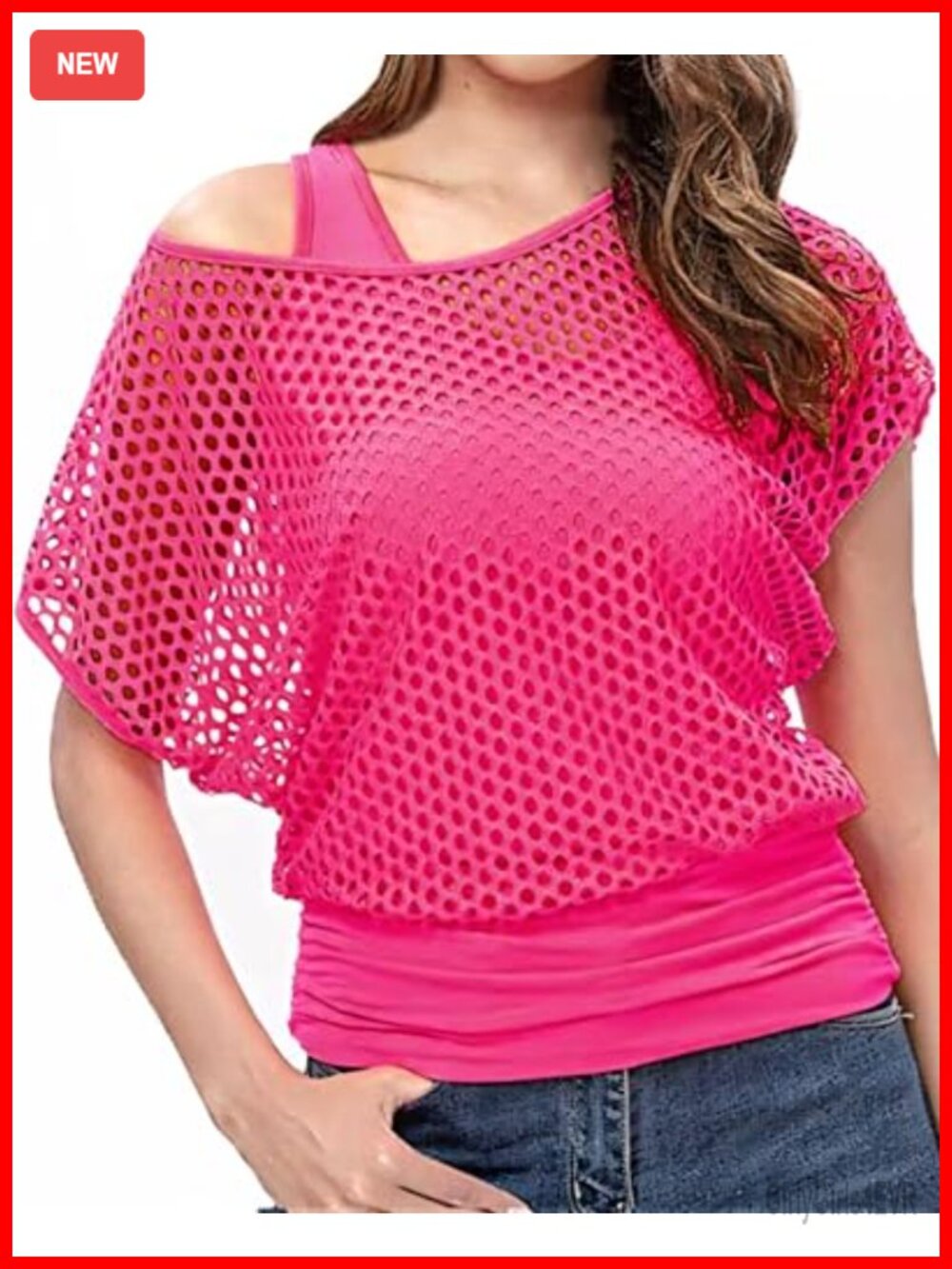 80s Two-Piece Tank Top & Fishnet Off Shoulder Party Outfit